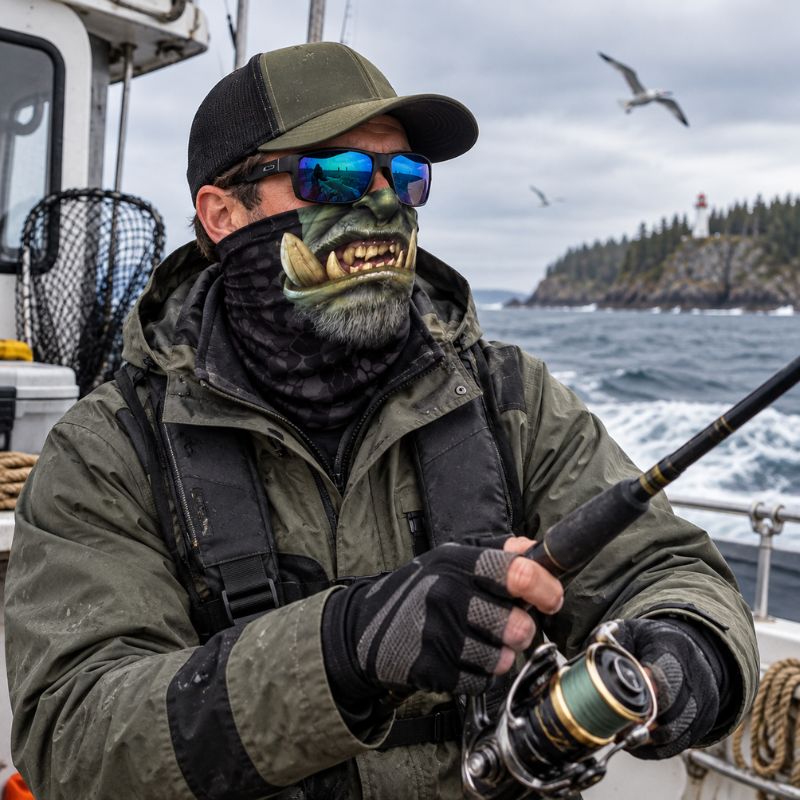 Cache cou BeastTrek homme pêchant en bateau près du littoral