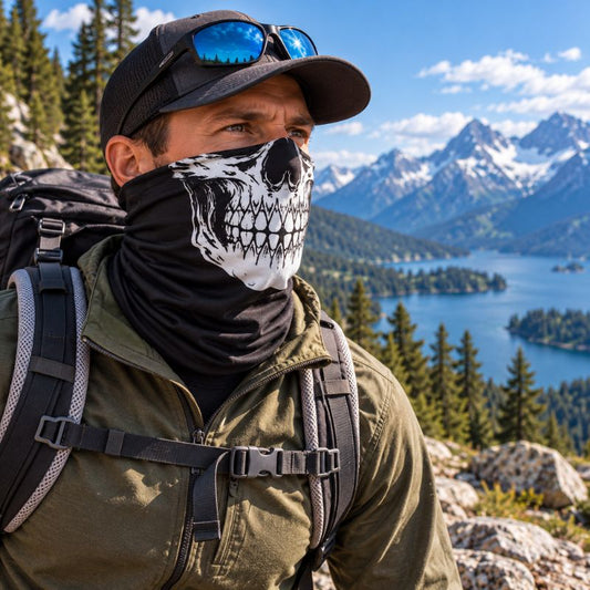 Cache cou BoneTrek homme admirant panorama lac pendant randonnée montagne