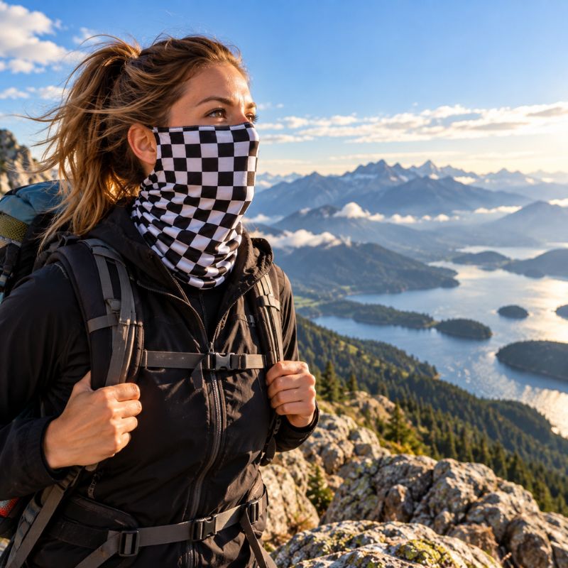 Cache cou CheckTrek femme découvrant panorama spectaculaire pendant randonnée montagne