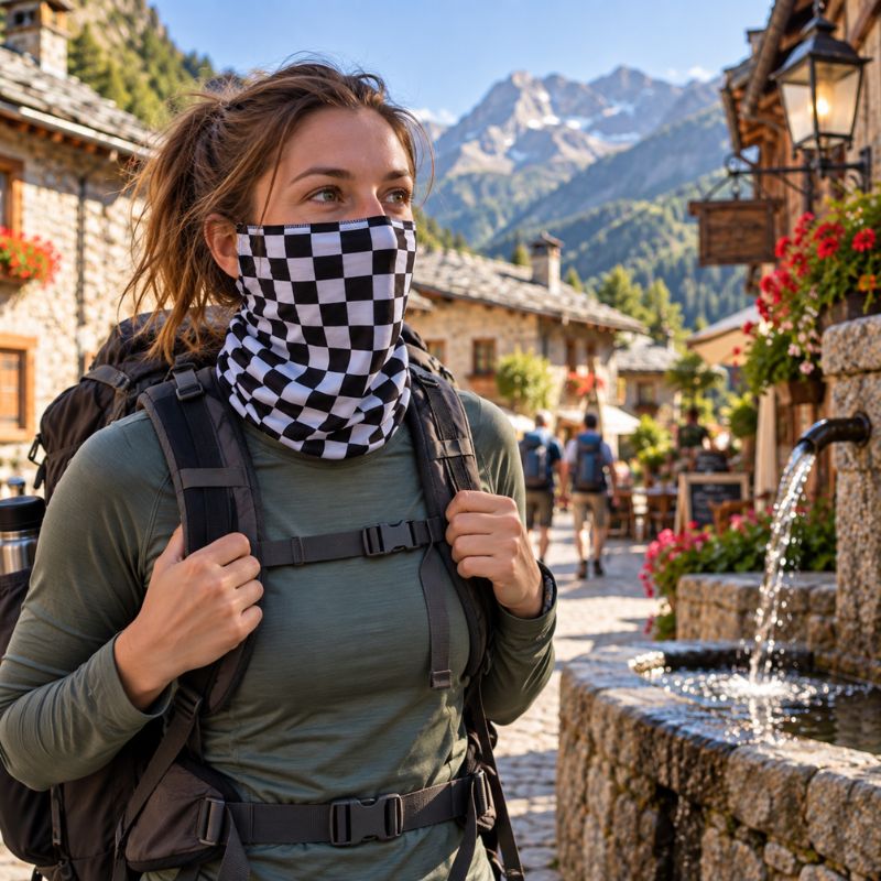Cache cou CheckTrek femme traversant village montagne pendant son trek