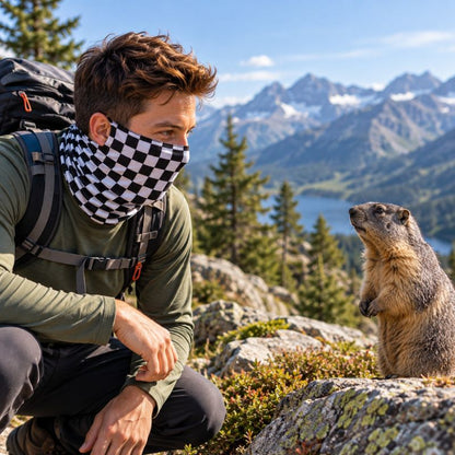 Cache cou CheckTrek homme observant marmotte pendant randonnée en montagne