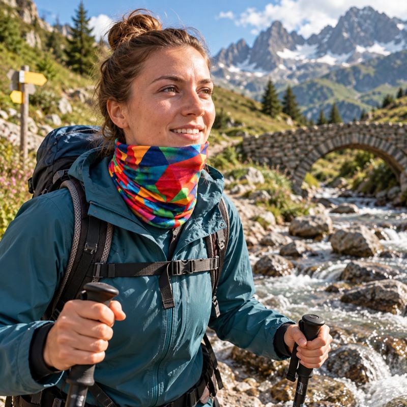 Cache cou ColorTrek femme traversant rivière près pont en montagne
