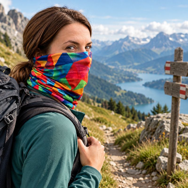 Cache cou ColorTrek femme parcourant sentier devant lac en montagne