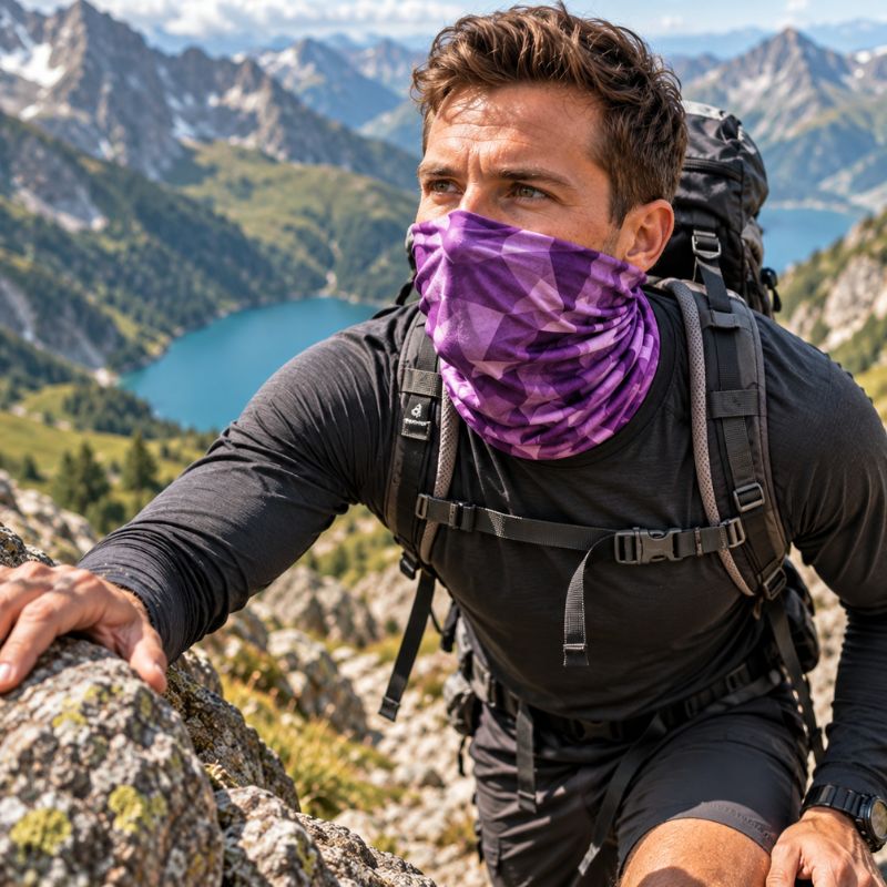 Cache cou ColorTrek homme franchissant passage rocheux pendant randonnée montagne