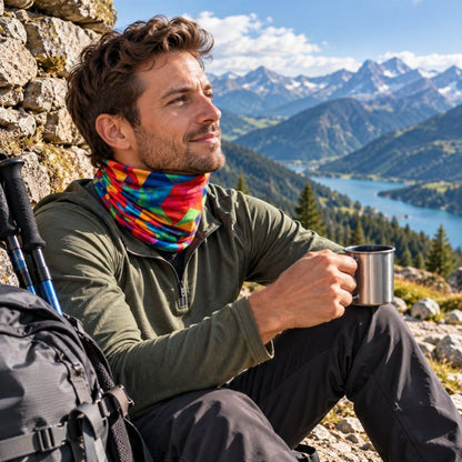Cache cou ColorTrek homme savourant pause devant panorama montagne spectaculaire