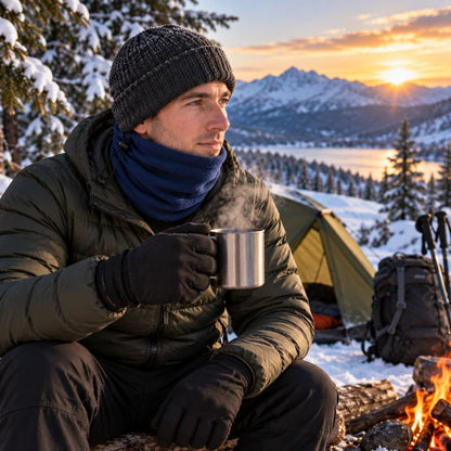 Cache cou FrostTrek bleu homme savourant boisson chaude au bivouac