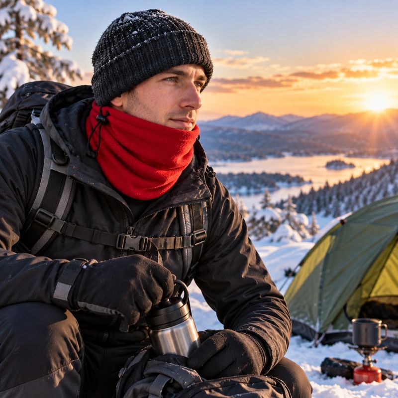 Cache cou FrostTrek rouge homme savourant pause pendant randonnée hivernale
