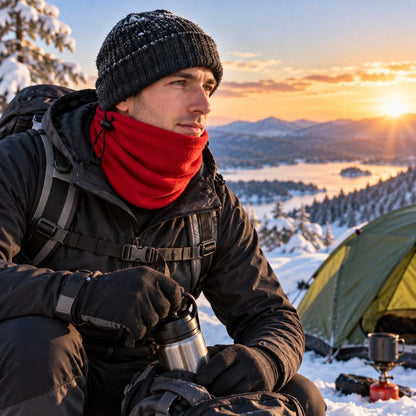 Cache cou FrostTrek rouge homme savourant pause pendant randonnée hivernale