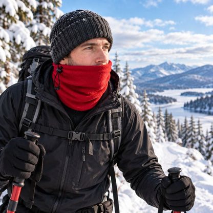 Cache cou FrostTrek rouge homme explorant forêt enneigée en raquettes