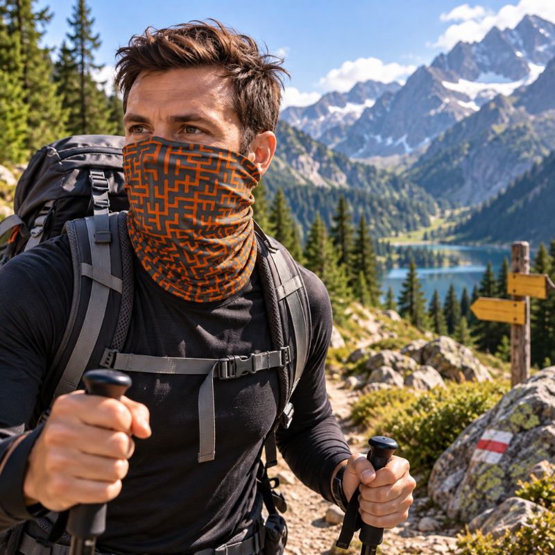 Cache cou GeoTrek orange homme trekking devant lac et montagnes