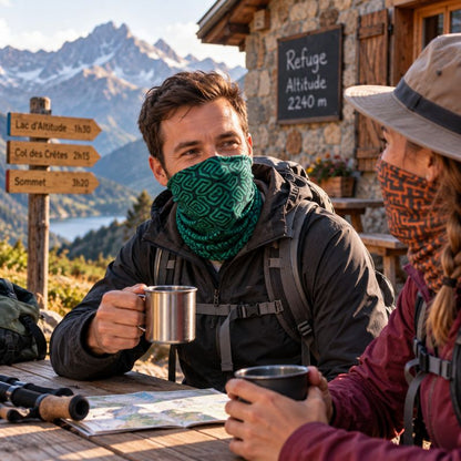 Cache cou GeoTrek randonneurs partageant pause conviviale devant refuge montagne