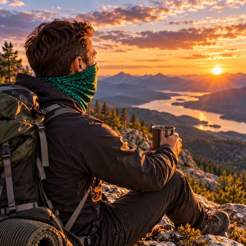 Cache cou GeoTrek vert homme contemplant coucher soleil après randonnée