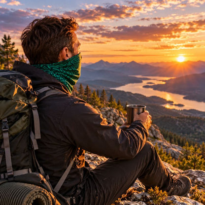 Cache cou GeoTrek vert homme contemplant coucher soleil après randonnée