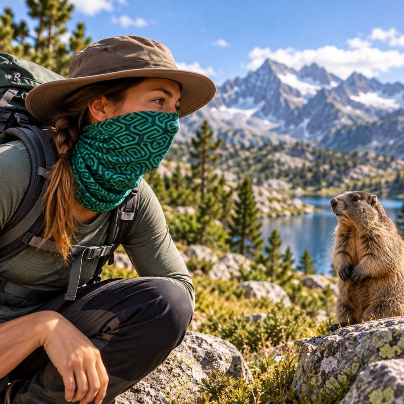 Cache cou GeoTrek vert femme observant marmotte pendant randonnée montagne