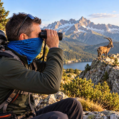 Cache cou GridTrek bleu homme observant bouquetin pendant randonnée montagne