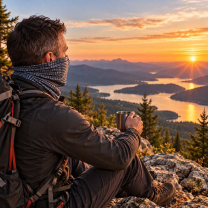 Cache cou GridTrek gris homme contemplant coucher soleil après randonnée