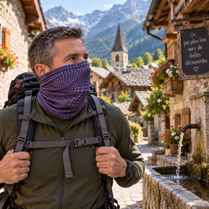 Cache cou GridTrek violet homme découvrant village pendant randonnée montagne