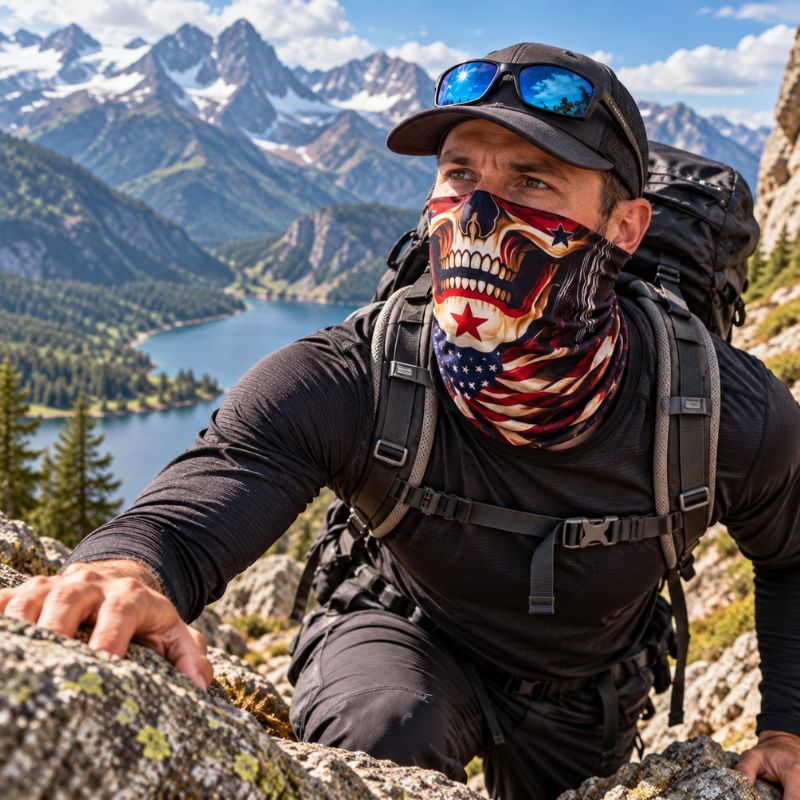 Cache cou SkullTrek homme franchissant passage rocheux pendant randonnée alpine