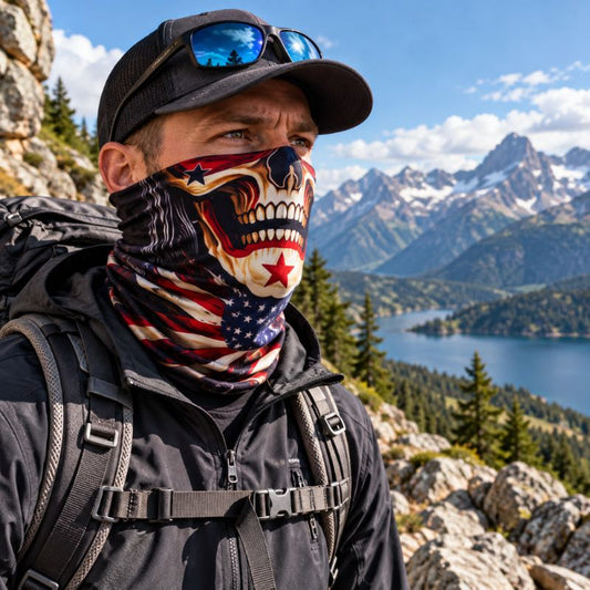 Cache cou SkullTrek homme admirant panorama lac pendant randonnée montagne