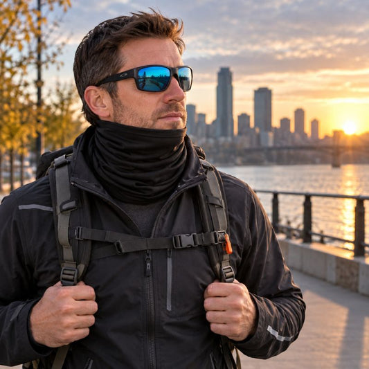 Cache cou SoftTrek noir homme explorant promenade urbaine au crépuscule
