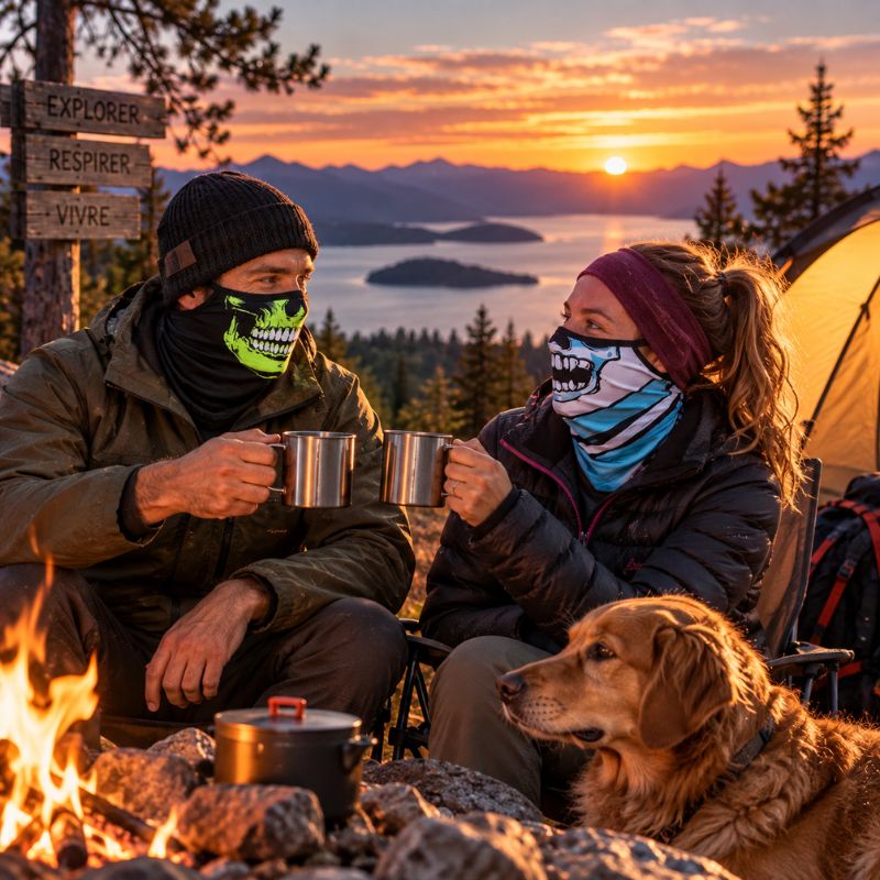 Cache cou WildMask couple campement chien feu coucher soleil montagne