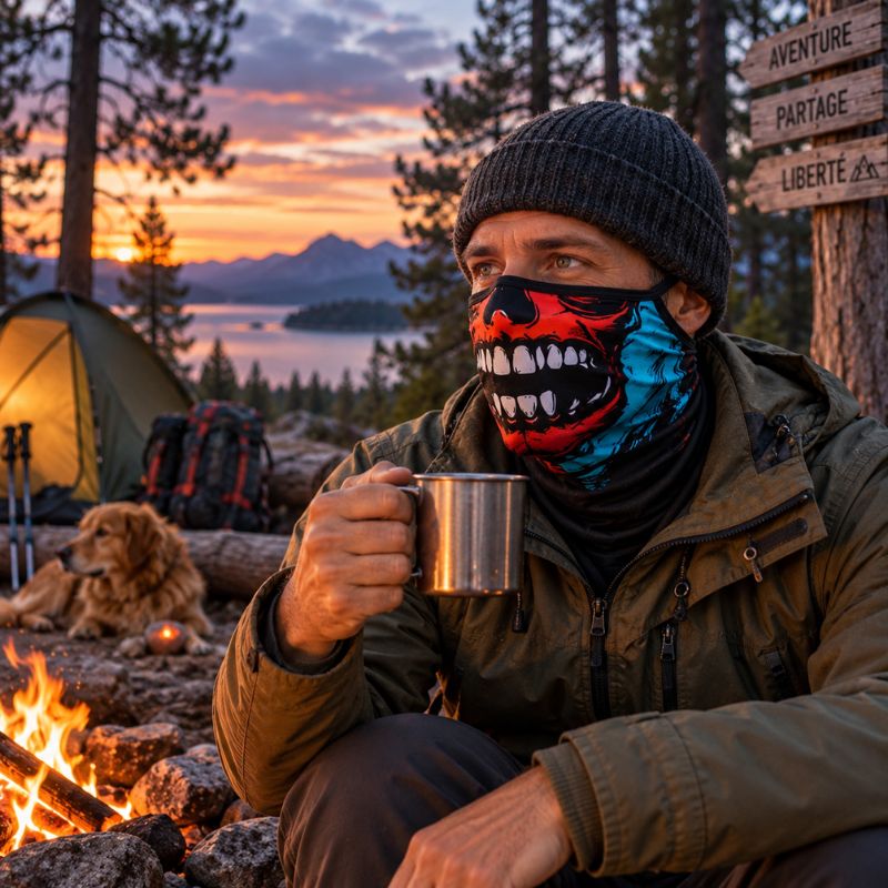 Cache cou WildMask homme campement feu lac montagne soirée aventure