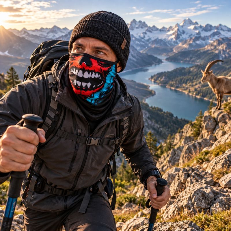 Cache cou WildMask homme trekking montagne bouquetin sommet paysage alpin