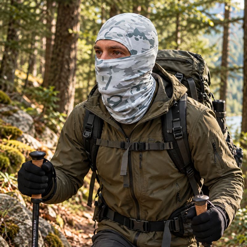 Cagoule CamoGuard portée par randonneur équipé marchant en forêt sauvage