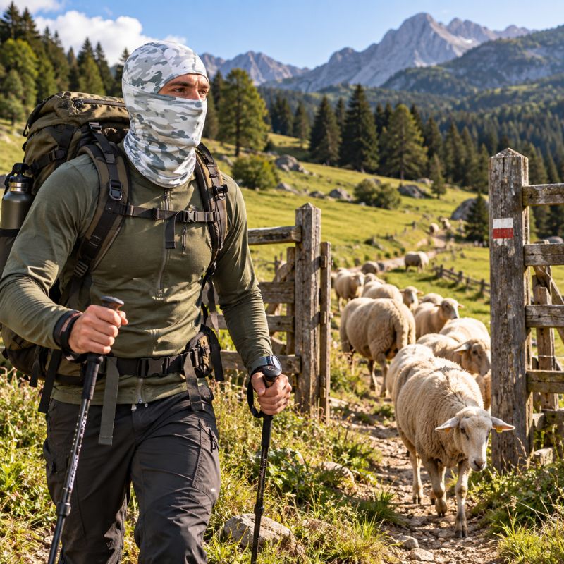 Cagoule CamoGuard portée par randonneur traversant prairie avec moutons sauvages