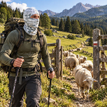 Cagoule CamoGuard portée par randonneur traversant prairie avec moutons sauvages
