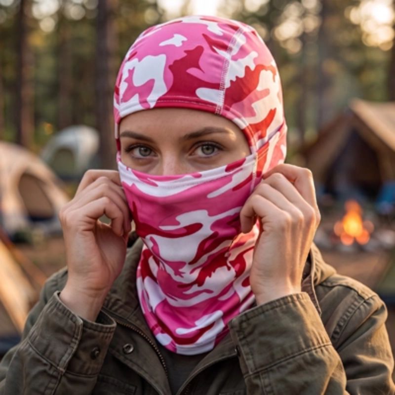 Cagoule CamoTrail rose ajustée devant un campement en forêt