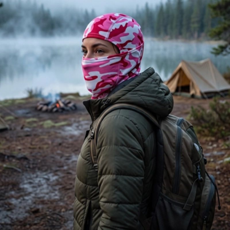 Cagoule CamoTrail rose portée près du lac au campement