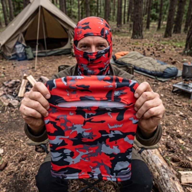 Cagoule CamoTrail rouge présentée devant un campement en forêt