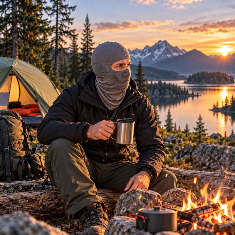 Cagoule FlexTrek portée au camping devant feu et paysage montagneux