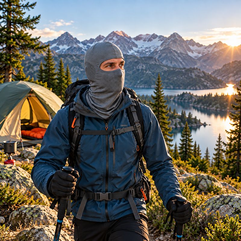Cagoule FlexTrek portée en randonnée près du campement en montagne