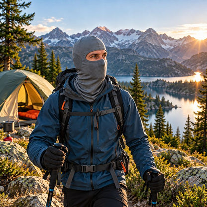 Cagoule FlexTrek portée en randonnée près du campement en montagne