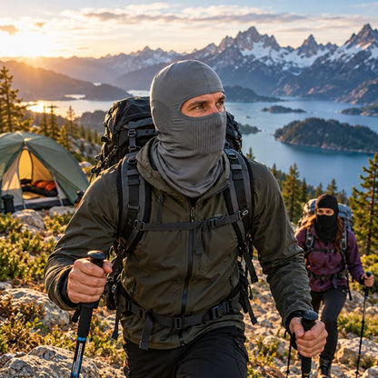 Cagoule FlexTrek portée en randonnée devant lac et montagnes sauvages