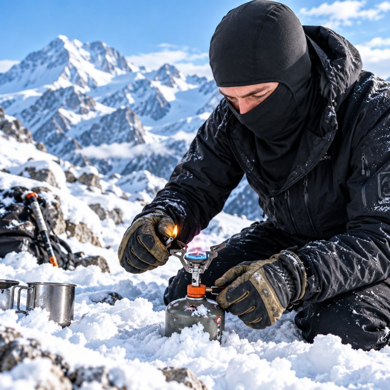 Cagoule IceGuard portée au bivouac hivernal devant réchaud en montagne