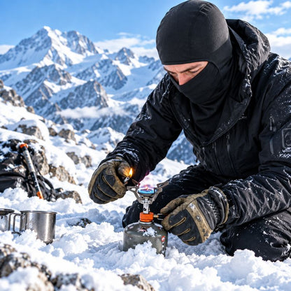 Cagoule IceGuard portée au bivouac hivernal devant réchaud en montagne