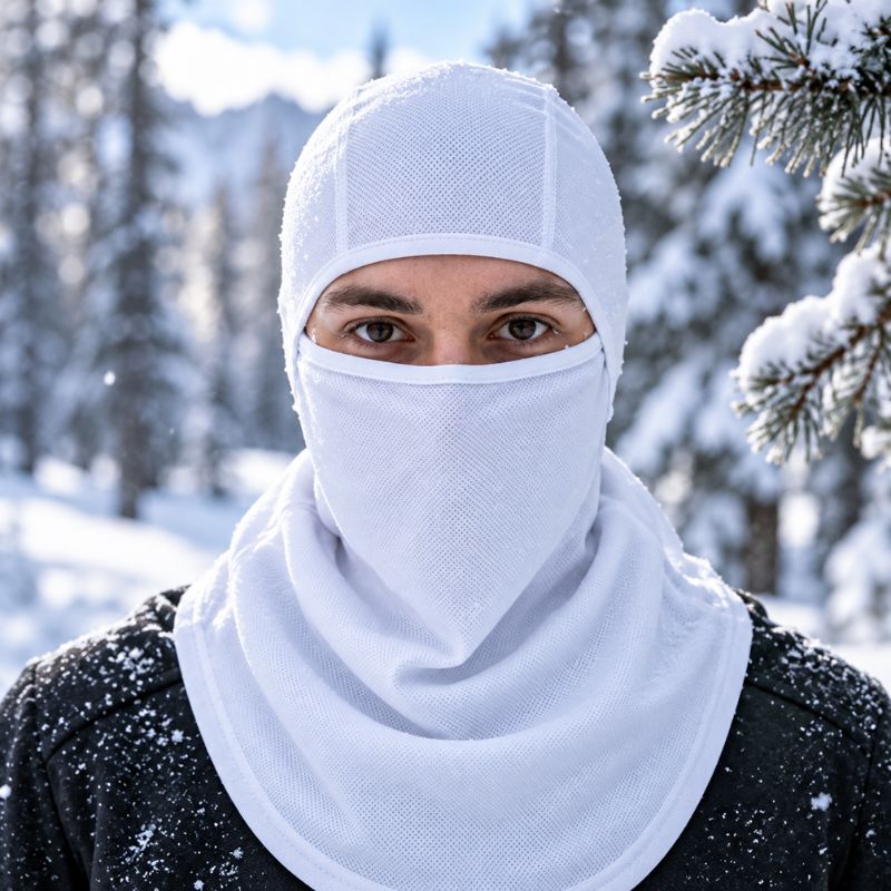 Cagoule IceGuard blanche portée en forêt enneigée pendant randonnée hivernale
