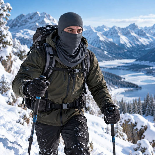Cagoule IceGuard portée en randonnée hivernale avec bâtons en montagne