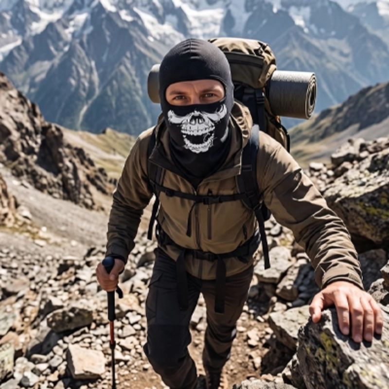 Cagoule SkullPeak tête mort accompagne randonneur en haute montagne