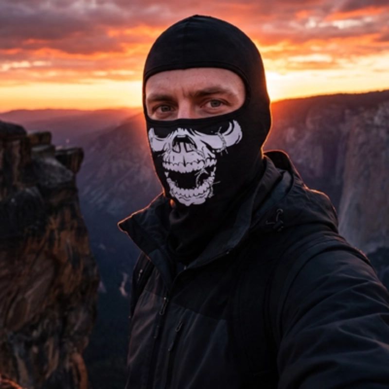 Cagoule SkullPeak tête mort portée au coucher du soleil