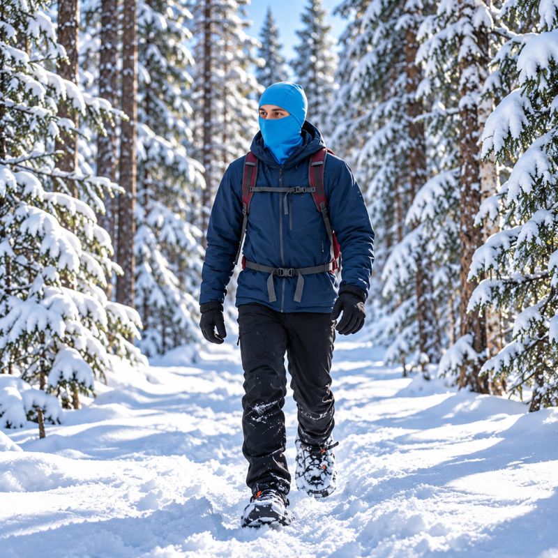 Cagoule SnowFlex portée en randonnée sur sentier forestier enneigé hivernal