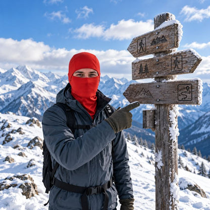 Cagoule SnowFlex portée en montagne devant panneau de randonnée enneigé