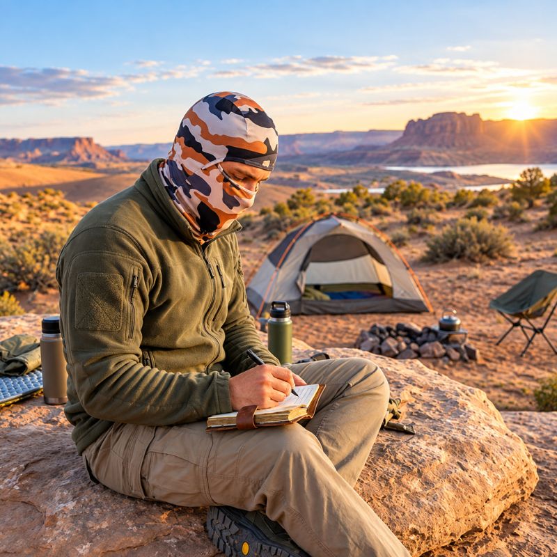 Cagoule TerraCamo portée au bivouac désertique devant tente coucher soleil