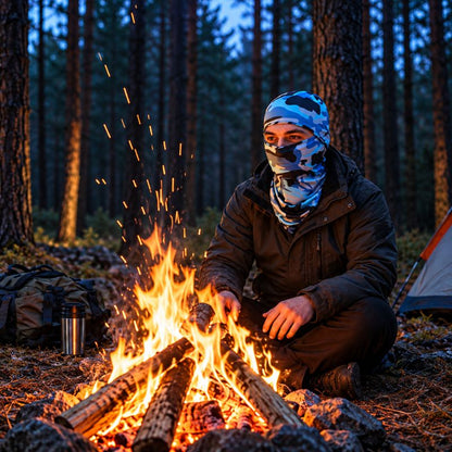 Cagoule TerraCamo portée devant feu campement forestier pendant soirée aventure