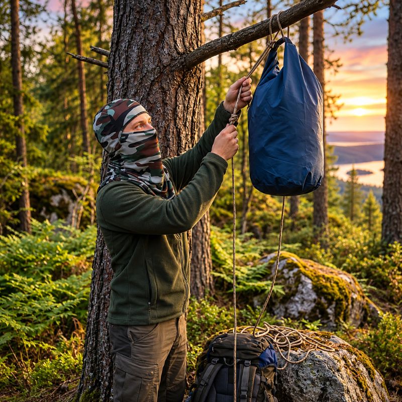 Cagoule TerraCamo portée pendant installation campement forestier au coucher soleil