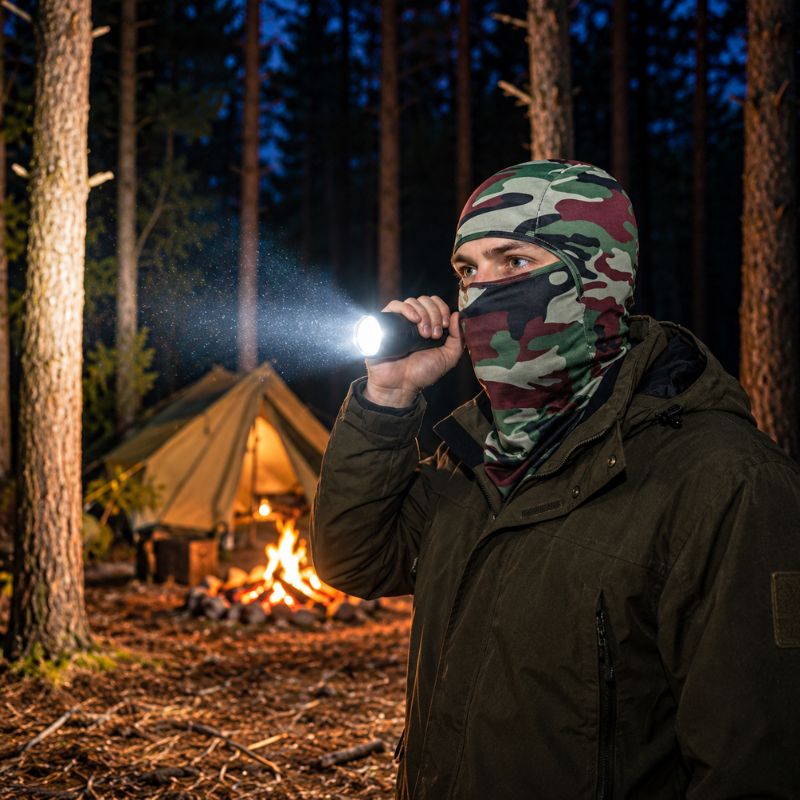 Cagoule TerraCamo portée avec lampe torche près campement forestier nocturne