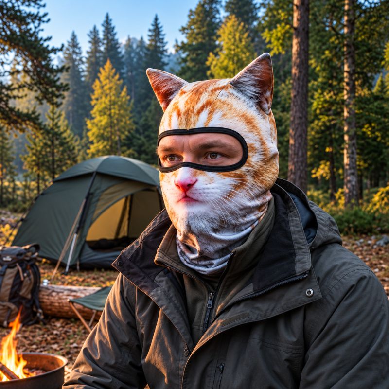 Cagoule WildCat portée près du feu au campement en forêt